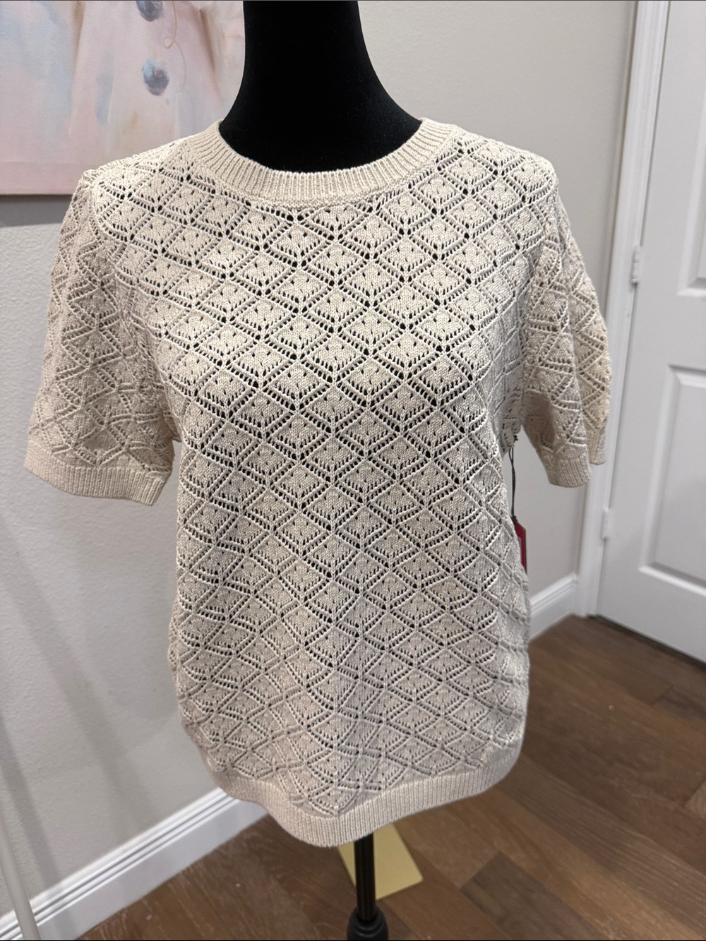 Vince Camuto Openwork Cream Crewneck Short Sleeve Sweater